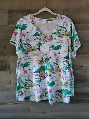 Cynthia Rowley 100% Cotton Amalfi Coast Themed Top 3X V Neck